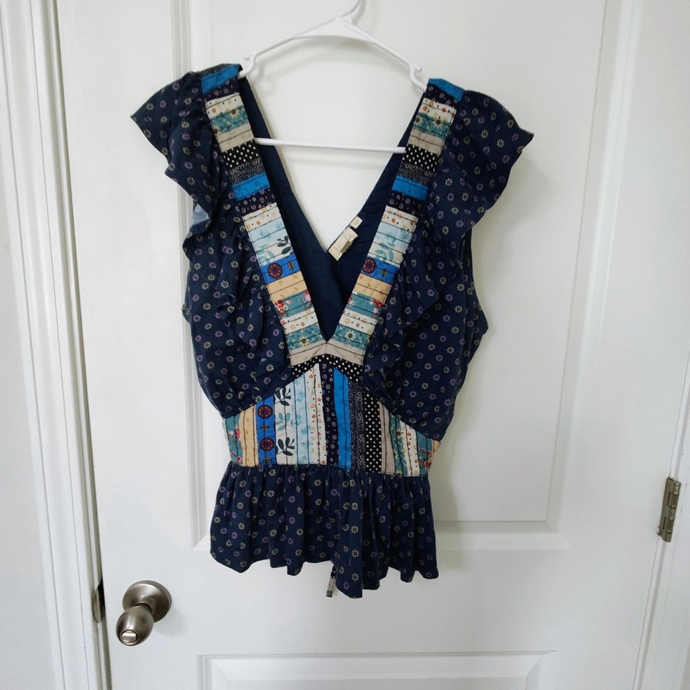 Stylish Let Me Be Blue Patterned Women's Top from Anthropology